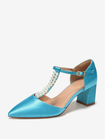 ティールチャンキーヒール ウェディングシューズ パール Tストラップ ポインテッドトゥ ブライダルパンプス