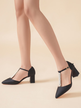 ブラック チャンキーヒール ウェディングシューズ パール Tストラップ ポインテッドトゥ ブライダルパンプス