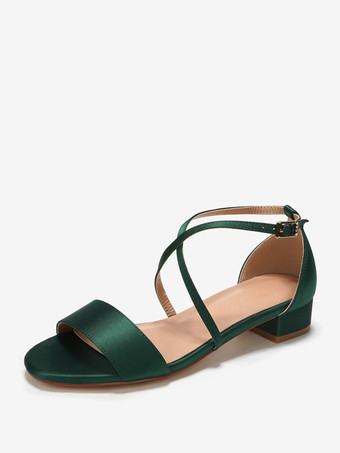 ダークグリーンフラットウェディングゲストシューズ サテンオープントゥ サーカス ウェディングサンダル