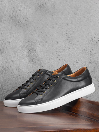 ホワイト メンズスニーカー 快適な牛革 ラウンドトゥ ロートップ レースアップシューズ