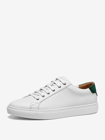 グリーン メンズスニーカー 快適な牛革 ラウンドトゥ レースアップシューズ