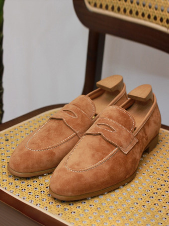 ライトブラウンメンズ ペニーローファーシューズ スエードレザー ブラウン プロム ウェディングシューズ