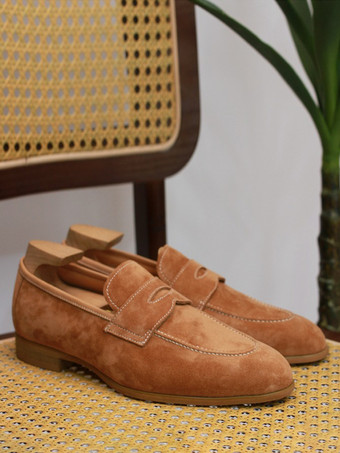 メンズ ペニーローファーシューズ スエードレザー ブラウン プロム ウェディングシューズ