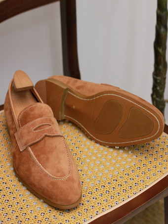 メンズ ペニーローファーシューズ スエードレザー ブラウン プロム ウェディングシューズ