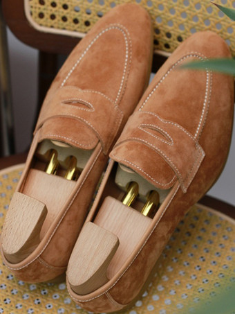 メンズ ペニーローファーシューズ スエードレザー ブラウン プロム ウェディングシューズ