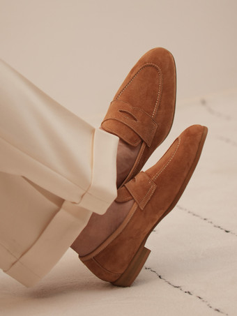 メンズ ペニーローファーシューズ スエードレザー ブラウン プロム ウェディングシューズ