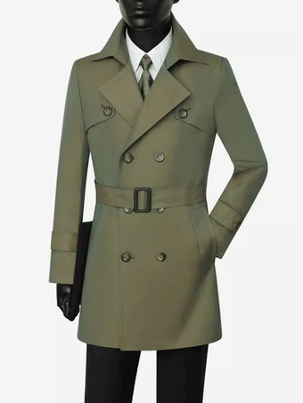 グリーン クラシックトレンチコート ミドル丈 ダブルブレスト ノッチドラペル ビジネス スリムフィット コート ベルト付き