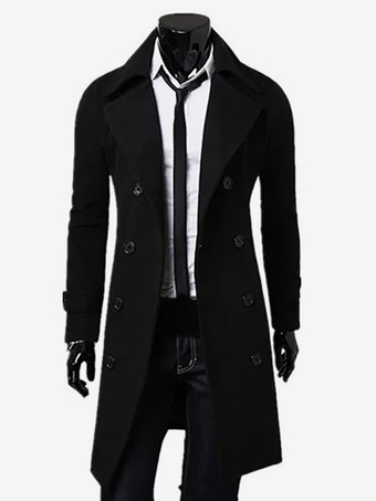 ブラック メンズスーツ ダブルブレスト ターンダウンカラー シック スリムフィット マキシコート