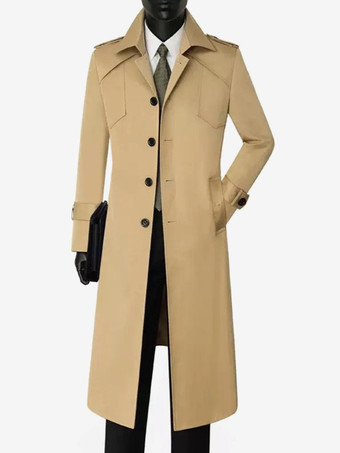カーキ メンズスーツコート ノッチドラペルカラー ロングラインコート