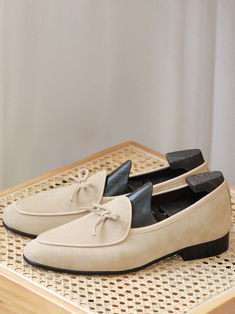 アプリコットメンズ ベルギーローファー シューズ 牛革リボン スエード プロム ウェディングシューズ