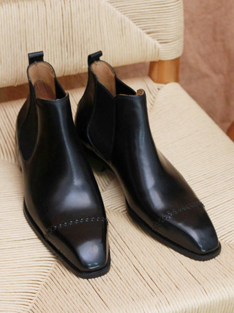 メンズ チェルシーブーツ ブラック 牛革 スクエアトゥ スリップオン プロム ウェディング アンクルブーツ