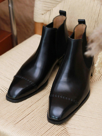 メンズ チェルシーブーツ ブラック 牛革 スクエアトゥ スリップオン プロム ウェディング アンクルブーツ