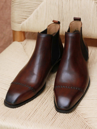 ブラウン メンズ チェルシーブーツ ブラック 牛革 スクエアトゥ スリップオン プロム ウェディング アンクルブーツ