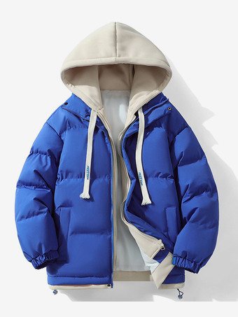 ブルー メンズ ゆったり コットンジャケット カップル 無地 フード付き 厚手 コットンジャケット コットンコート