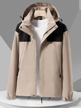 カーキ メンズジャケット フード付き カラーブロック ウィンドブレーカー