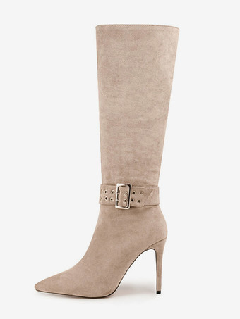 ライト アプリコットグレー ミッドカーフブーツ スエード ポインテッドトゥ バックルディテールブーツ