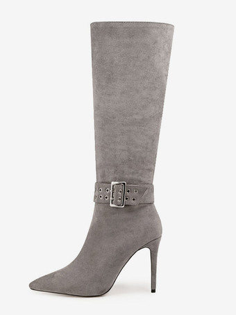 ダークグレー グレー ミッドカーフブーツ スエード ポインテッドトゥ バックルディテールブーツ