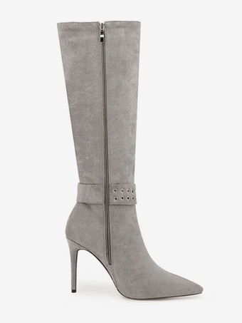 グレー ミッドカーフブーツ スエード ポインテッドトゥ バックルディテールブーツ