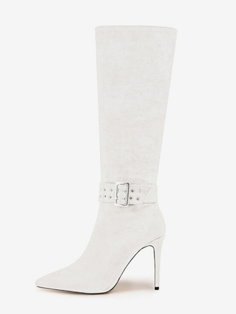 ホワイト グレー ミッドカーフブーツ スエード ポインテッドトゥ バックルディテールブーツ