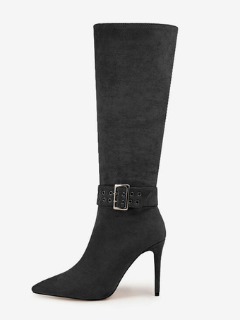ブラック グレー ミッドカーフブーツ スエード ポインテッドトゥ バックルディテールブーツ