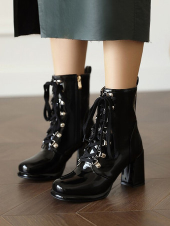 ブラック レディース レッド ラウンドトゥ ブーティ チャンキーヒール アンクルブーツ