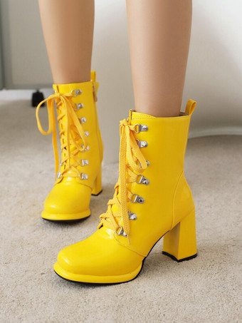 イエローレディース レッド ラウンドトゥ ブーティ チャンキーヒール アンクルブーツ