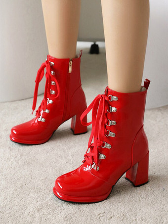 レッド レディース レッド ラウンドトゥ ブーティ チャンキーヒール アンクルブーツ