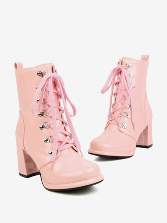 ピンクレディース レッド ラウンドトゥ ブーティ チャンキーヒール アンクルブーツ