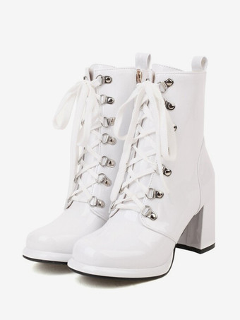 ホワイト レディース レッド ラウンドトゥ ブーティ チャンキーヒール アンクルブーツ