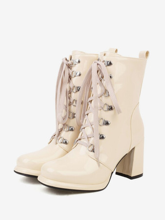 アプリコットレディース レッド ラウンドトゥ ブーティ チャンキーヒール アンクルブーツ