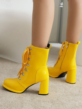 レディース レッド ラウンドトゥ ブーティ チャンキーヒール アンクルブーツ