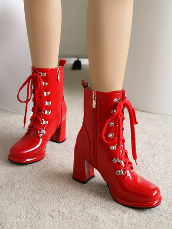 レディース レッド ラウンドトゥ ブーティ チャンキーヒール アンクルブーツ
