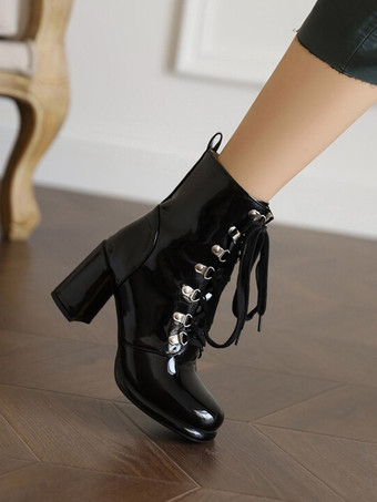 レディース レッド ラウンドトゥ ブーティ チャンキーヒール アンクルブーツ