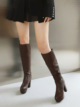 Botas de media pantorrilla con tacón grueso y punta redonda de piel sintética color marrón para mujer