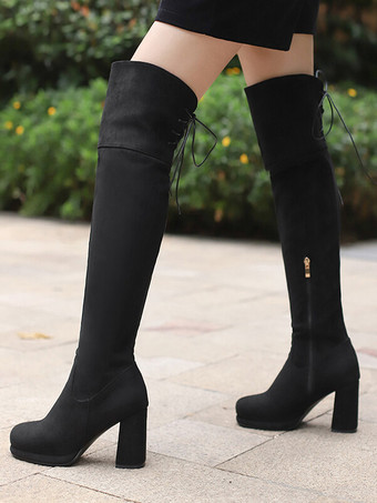 ブラック オーバーニーブーツ ブラウン マイクロスエードアッパー レディース ラウンドトゥ サイハイブーツ チャンキーヒール