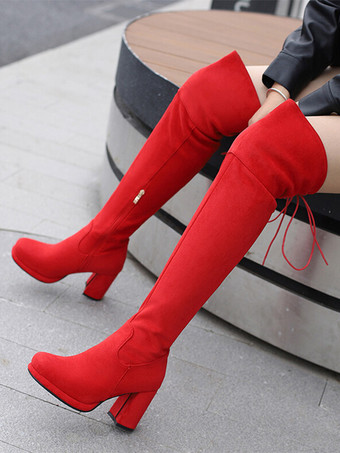 レッド オーバーニーブーツ ブラウン マイクロスエードアッパー レディース ラウンドトゥ サイハイブーツ チャンキーヒール