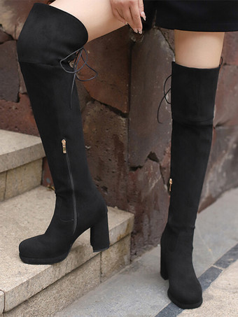 オーバーニーブーツ ブラウン マイクロスエードアッパー レディース ラウンドトゥ サイハイブーツ チャンキーヒール