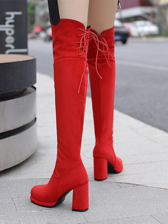 オーバーニーブーツ ブラウン マイクロスエードアッパー レディース ラウンドトゥ サイハイブーツ チャンキーヒール