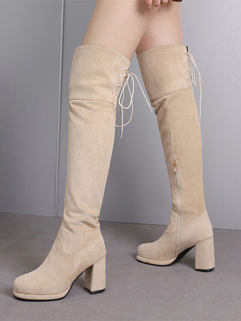 オーバーニーブーツ ブラウン マイクロスエードアッパー レディース ラウンドトゥ サイハイブーツ チャンキーヒール