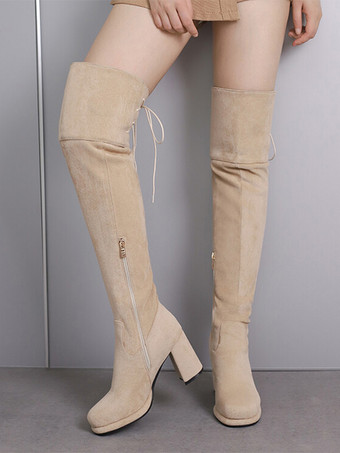 オーバーニーブーツ ブラウン マイクロスエードアッパー レディース ラウンドトゥ サイハイブーツ チャンキーヒール