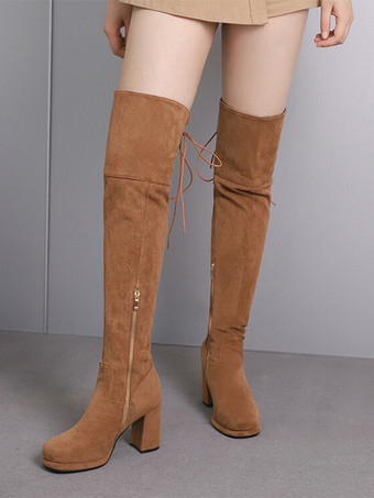 オーバーニーブーツ ブラウン マイクロスエードアッパー レディース ラウンドトゥ サイハイブーツ チャンキーヒール