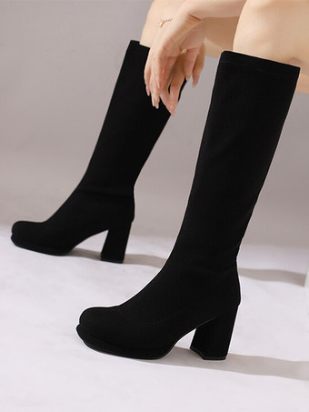 negro Botas hasta la rodilla de poliéster para mujer botas hasta la rodilla tacón grueso