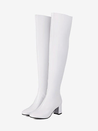 ホワイト オーバーザニーブーツ シルバー PUレザー レディース ラウンドトゥ オーバーザニーブーツ チャンキーヒール