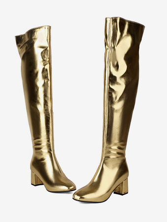 オーバーザニーブーツ シルバー PUレザー レディース ラウンドトゥ オーバーザニーブーツ チャンキーヒール