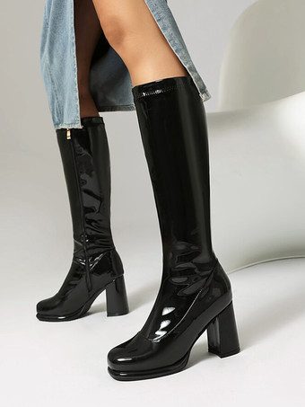 ブラック PUレザー ブラック ラウンドトゥ チャンキーヒール ミッドカーフブーツ レディース ブーツ