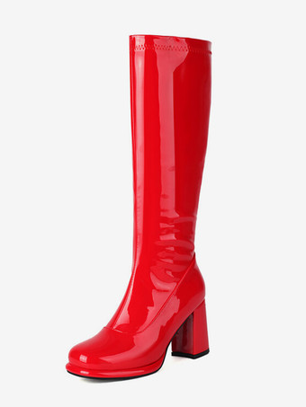 レッド PUレザー ブラック ラウンドトゥ チャンキーヒール ミッドカーフブーツ レディース ブーツ