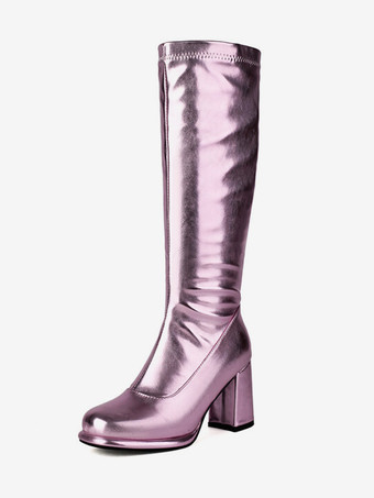 ピンクPUレザー ブラック ラウンドトゥ チャンキーヒール ミッドカーフブーツ レディース ブーツ