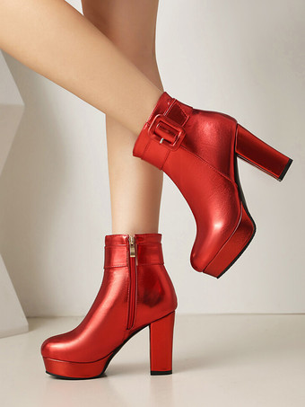 レディース ピンク バックル ブーティ ラウンドトゥ チャンキーヒール アンクルブーツ