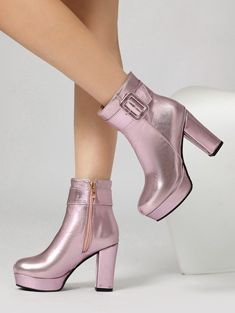 レディース ピンク バックル ブーティ ラウンドトゥ チャンキーヒール アンクルブーツ