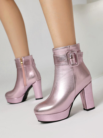 ピンクレディース ピンク バックル ブーティ ラウンドトゥ チャンキーヒール アンクルブーツ